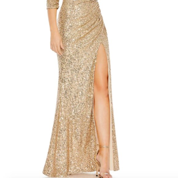 MAC DUGGAL 42015 SEQUINED DRAPED 3/4 SLEEVE LIGHT GOLD GOWN sz 16 - Picture 5 of 6